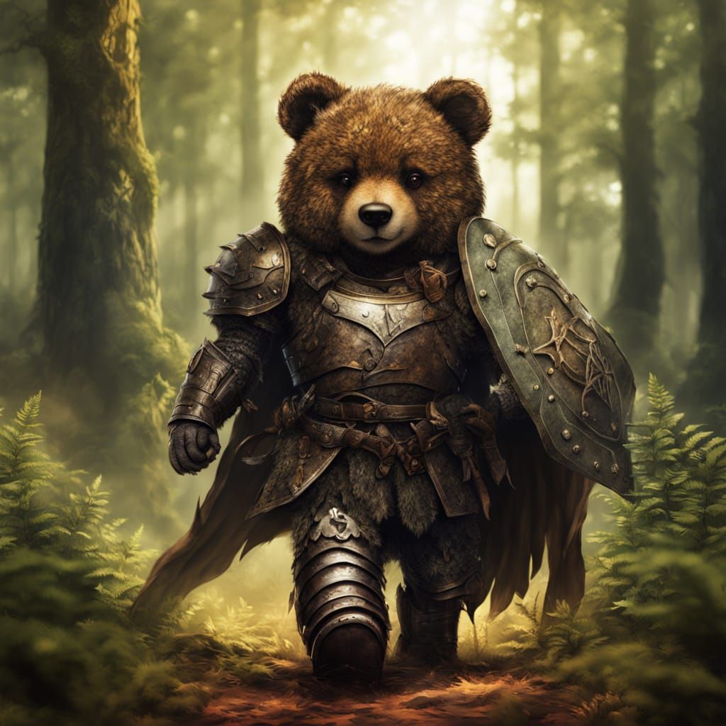 Medieval Fantasy Teddy Bear Warrior in Forest Landscape