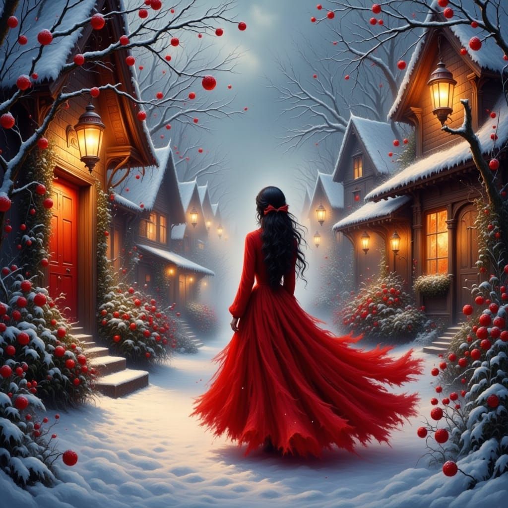 Crimson Silk Woman in Snowy Enchanted Village
