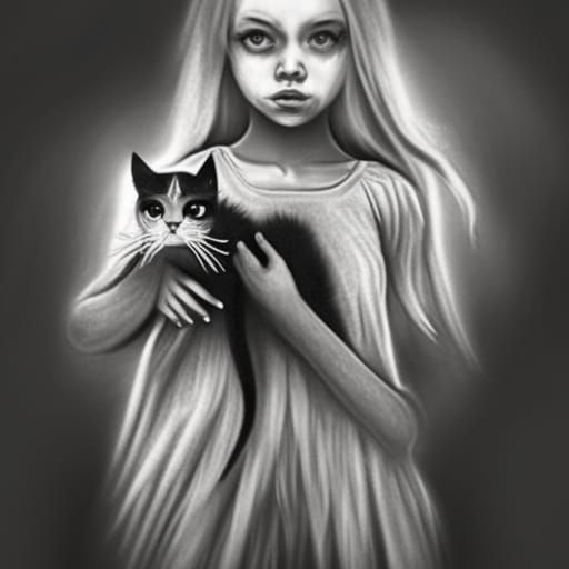 Ethereal Charcoal Drawing: Girl with Evil Cat