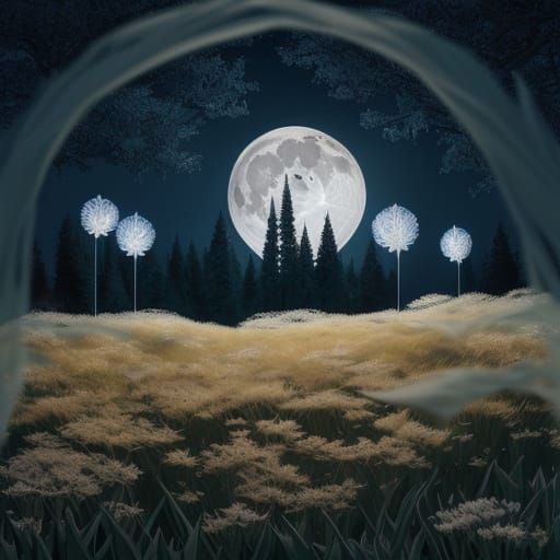 Origami Paper Meadow Under Full Moon