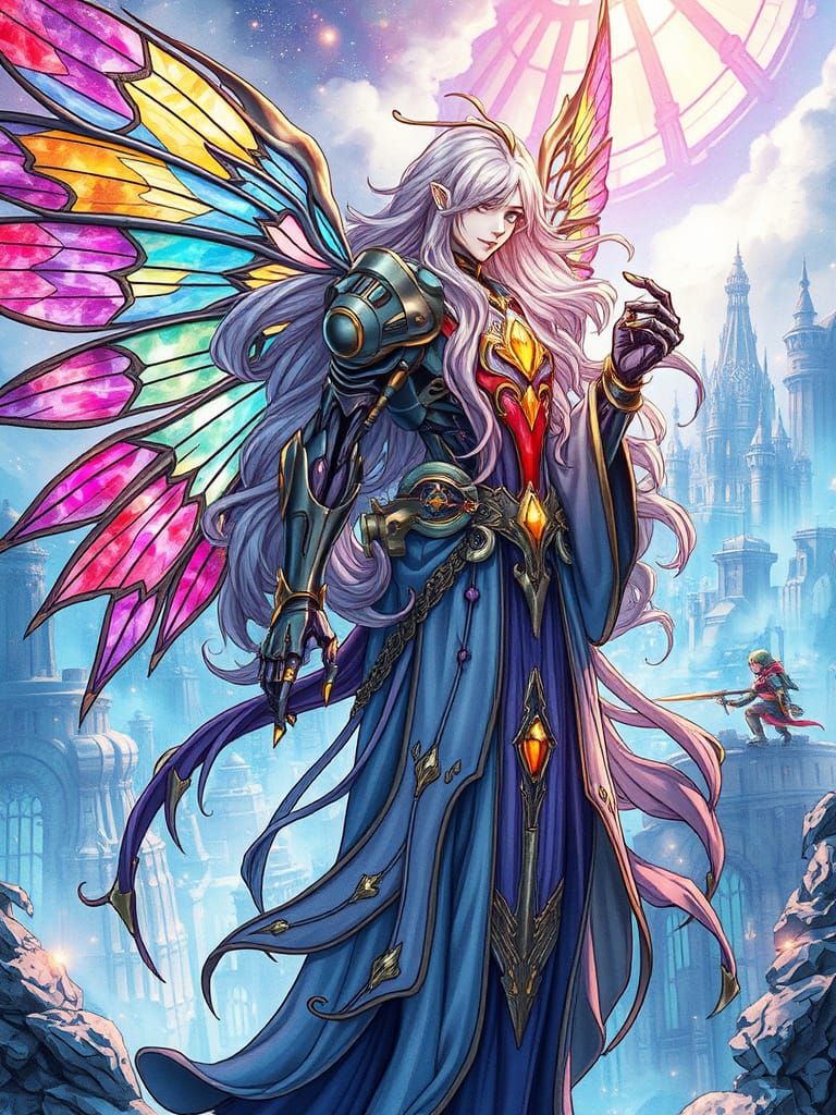 Cyborg Wizard with Fairy Wings in Sci-Fi City