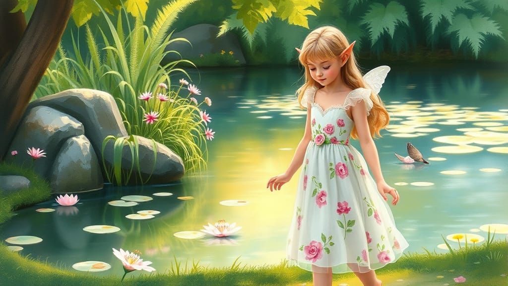 Elf Princess by Pond in Dreamy Watercolor Style