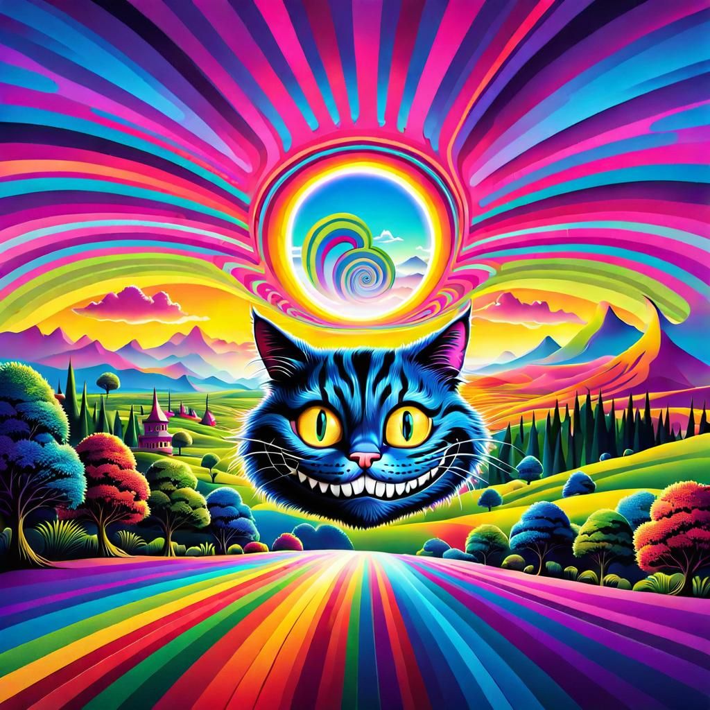 psychedelic portrait of the Cheshire cat over the fantasy la...