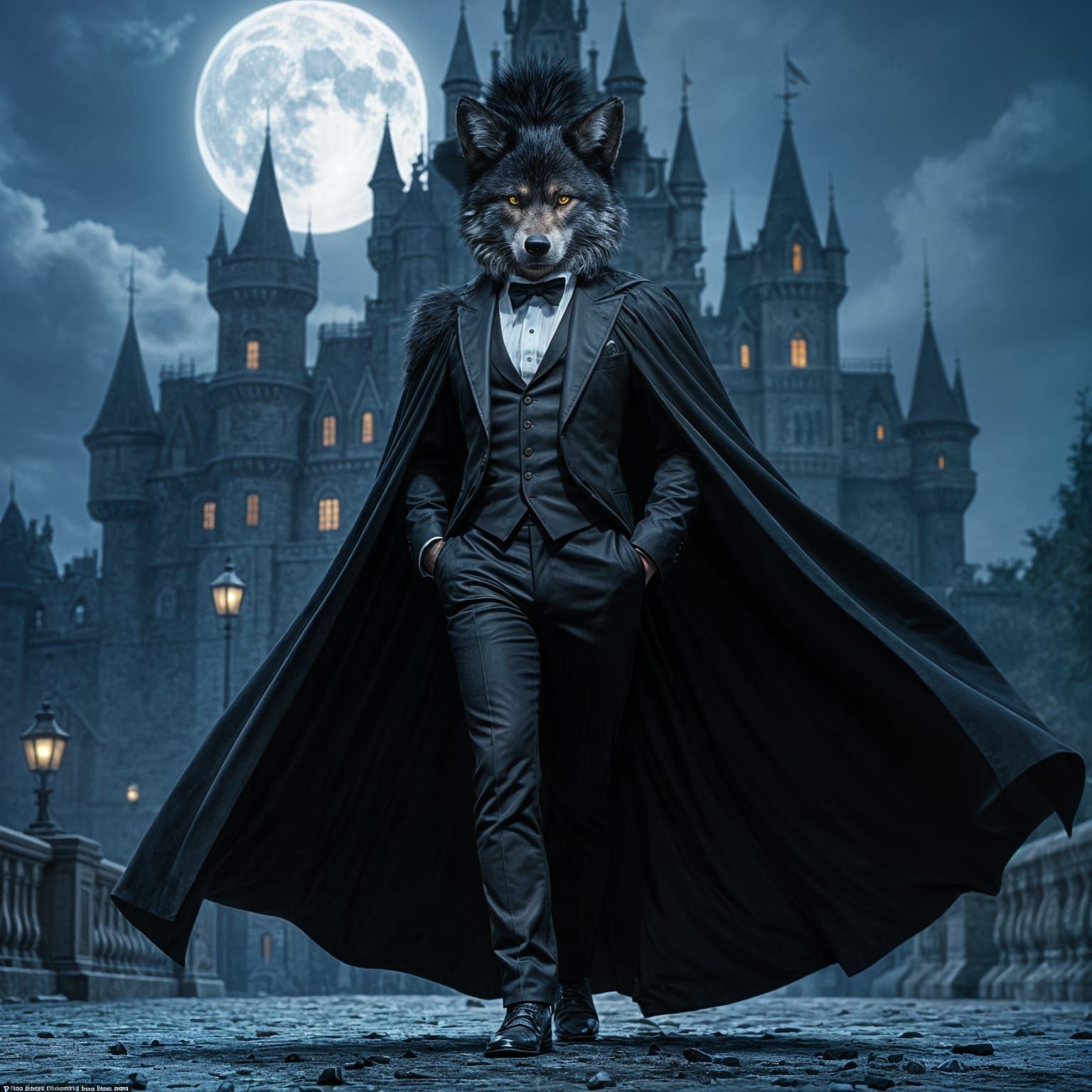 Werewolf in Realistic Black Suit and Cape Near Castle