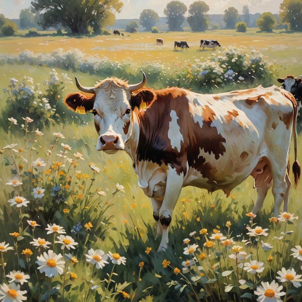 Cow Smelling Flowers in Impressionistic Meadow