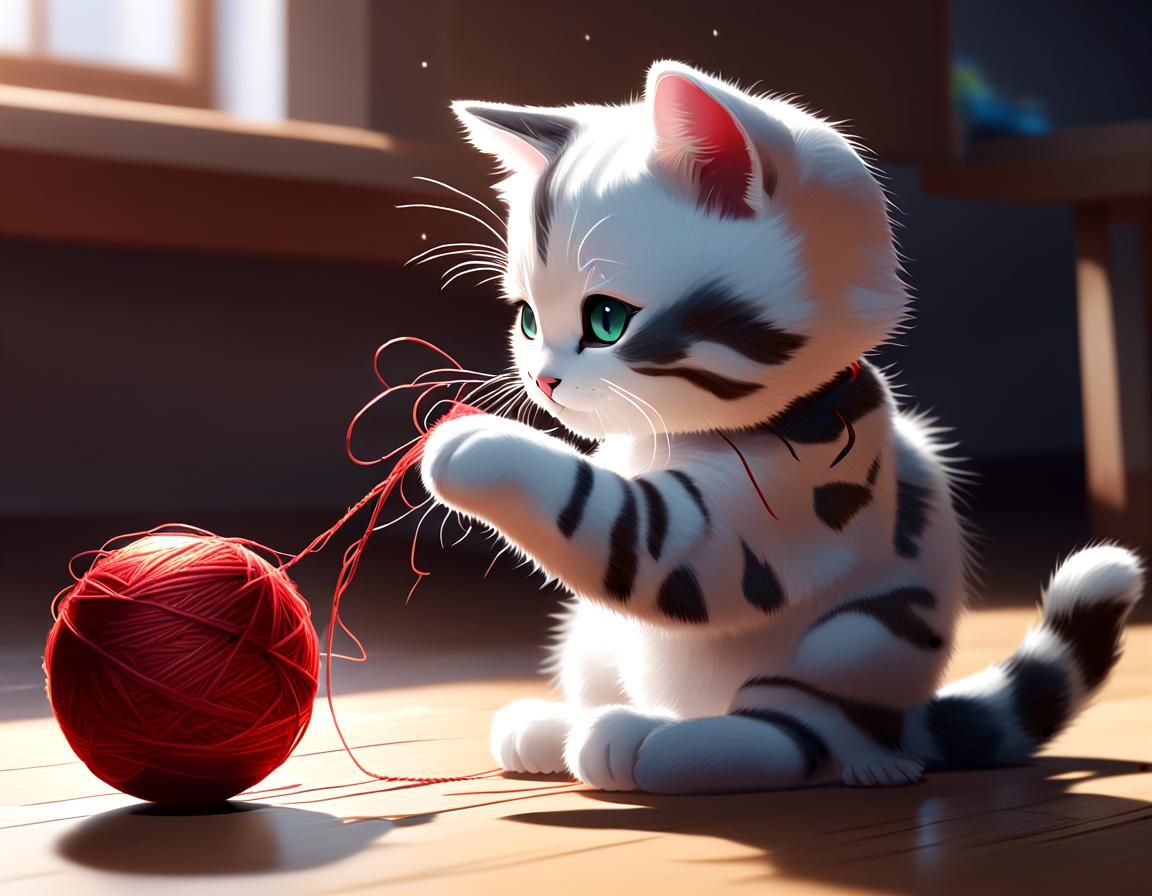 Kitten Plays With Yarn: 3D Anime Art