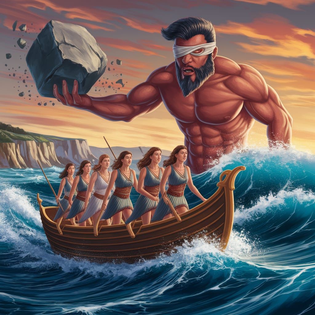 Greek Explorers Confront a Blinded Cyclops at Sea