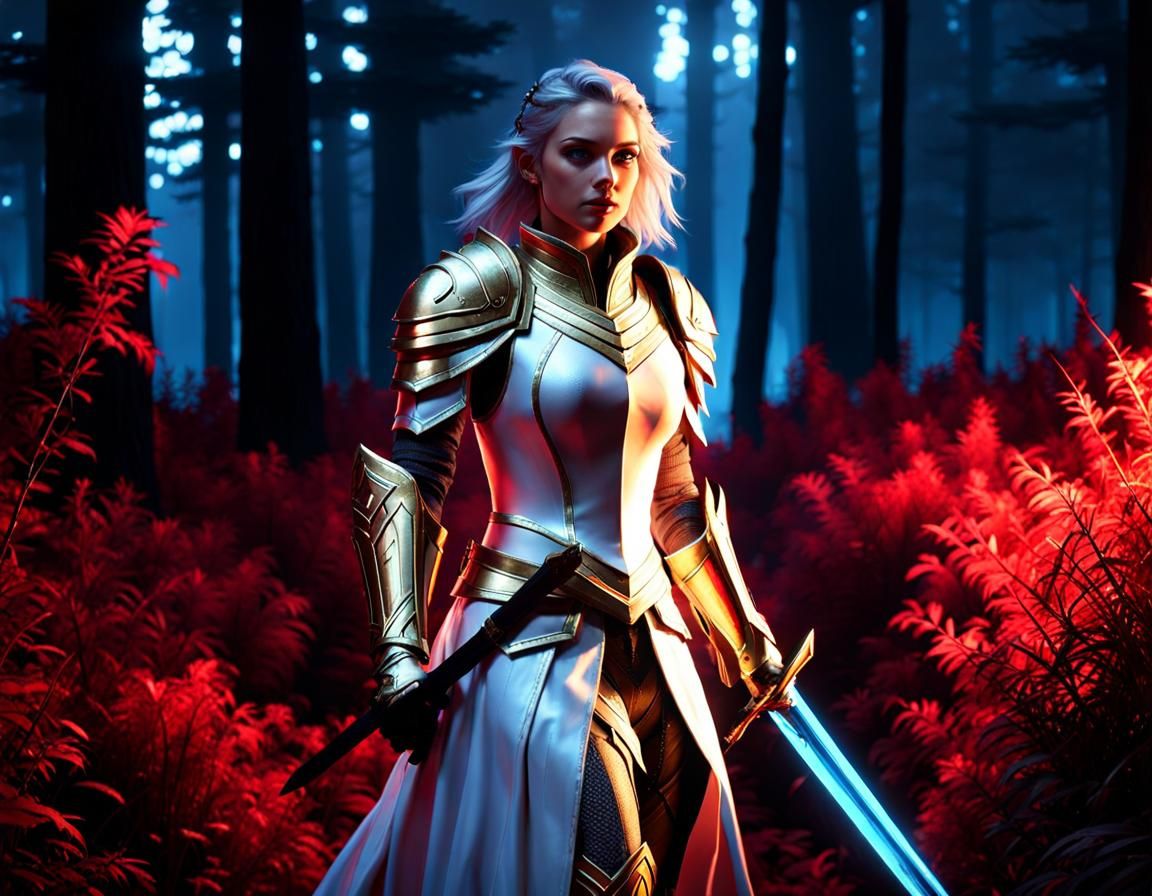 Female Paladin in Crimson Forest: Digital Art
