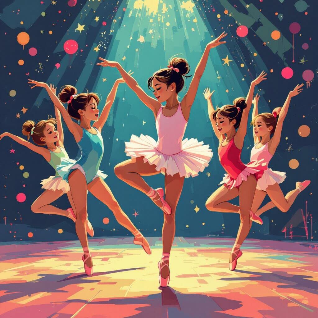 Girls Perform Gymnastics and Ballet in Digital Art Style