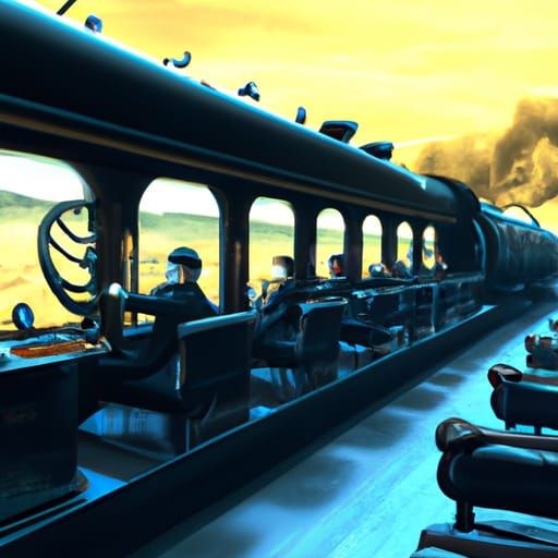 Men in Black Train Ride in Vibrant Fantasy Landscape