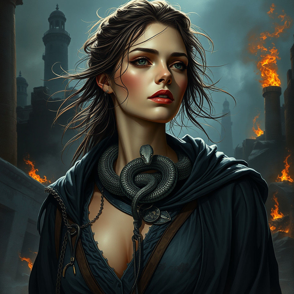 Woman with Snake Pendant in Dark Fantasy Style