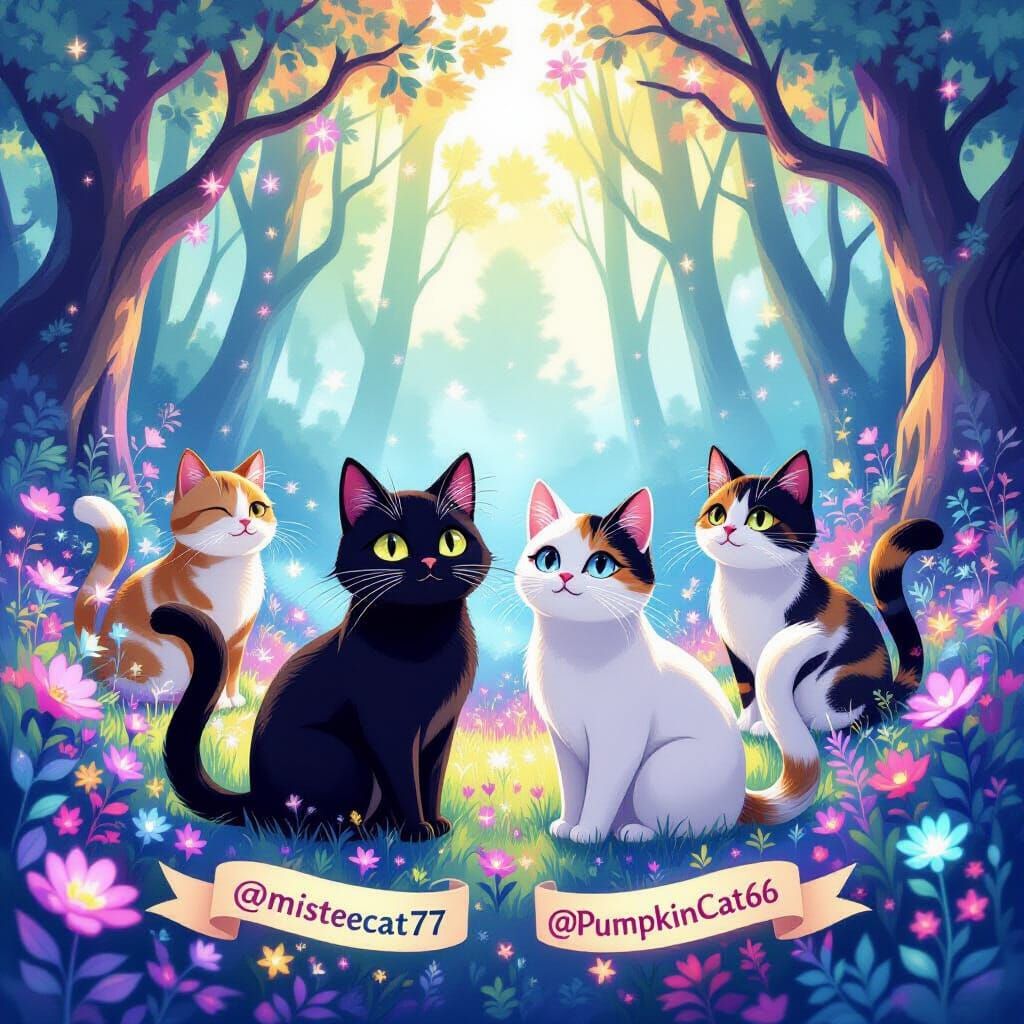 Whimsical Fantasy Cats in a Magical Rainbow Forest