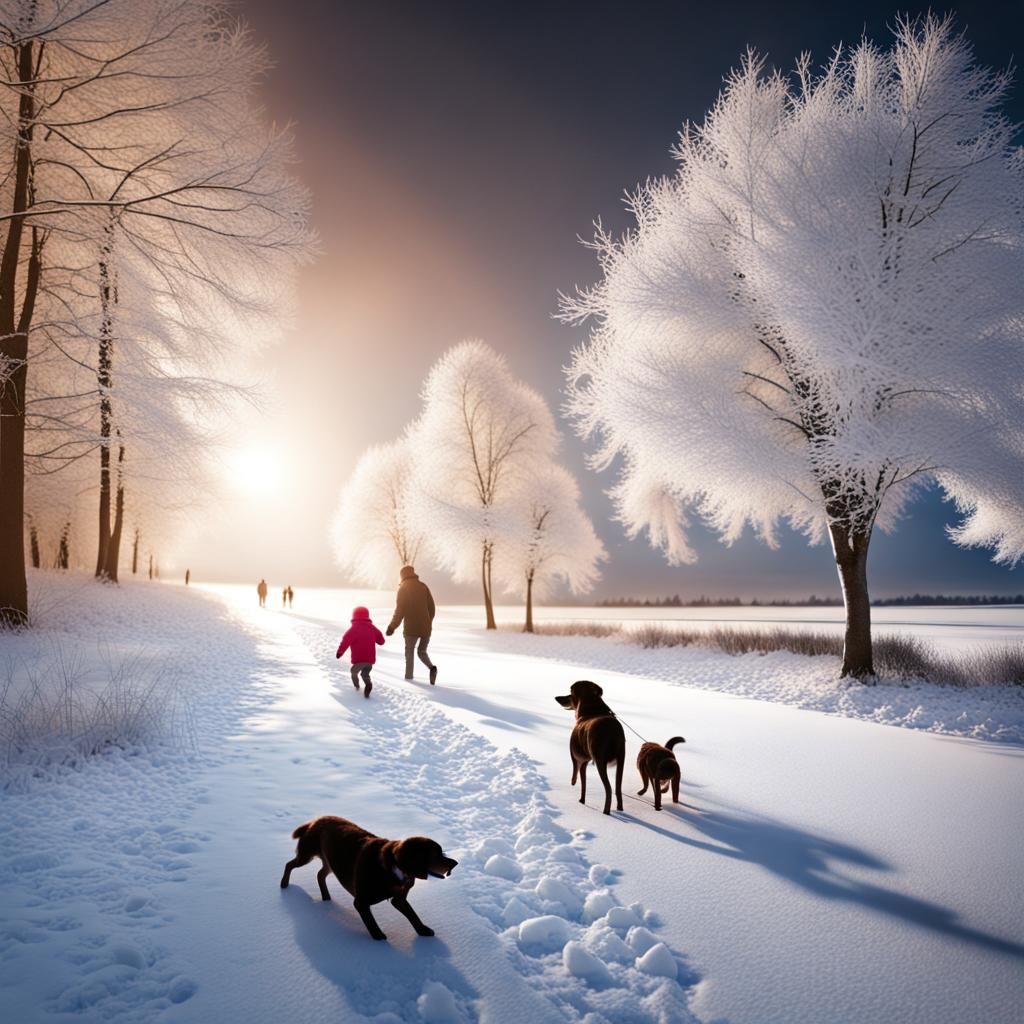 Winter Landscape: Toddlers and Dogs Playing in Snow