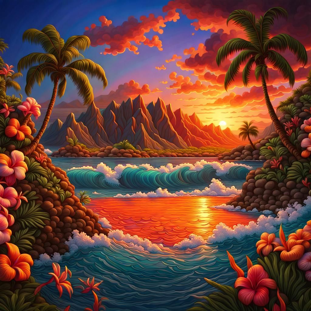Embroidered Hawaiian Sunset with Tropical Flowers