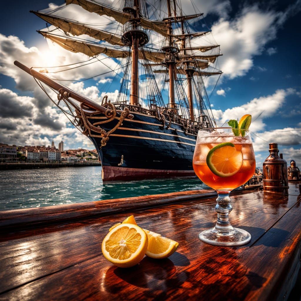 Ancient Sailship Serves Port Flip Cocktail Under a Stormy Bl...