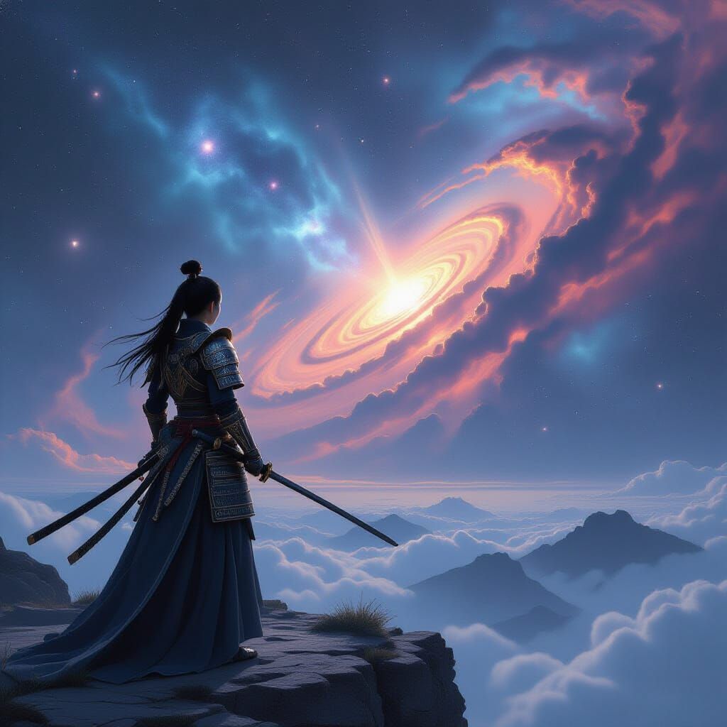 Lone Samurai Warrior Overlooks Cosmic Nebula