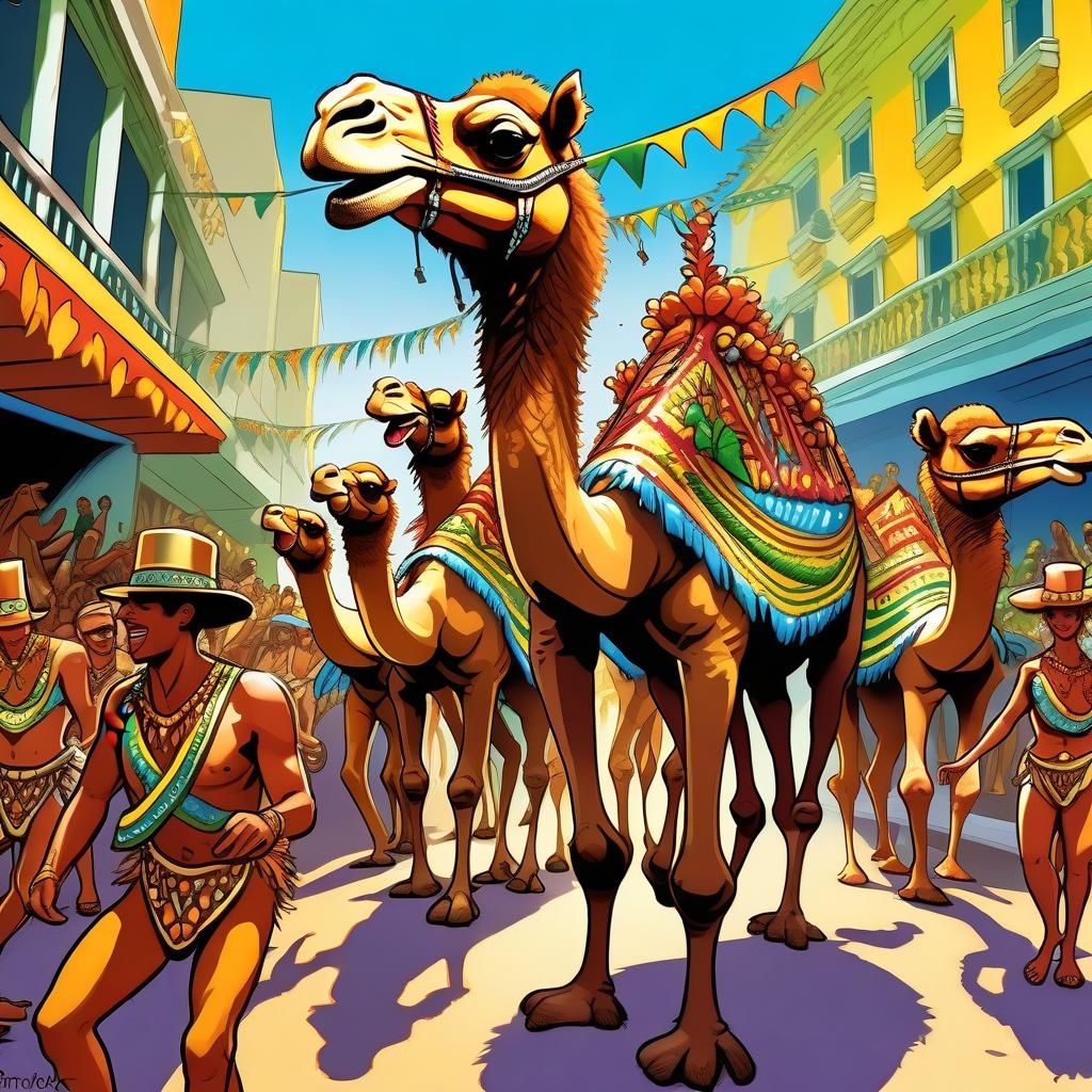 brazilian carnival parade with many decorated happy camels, ...