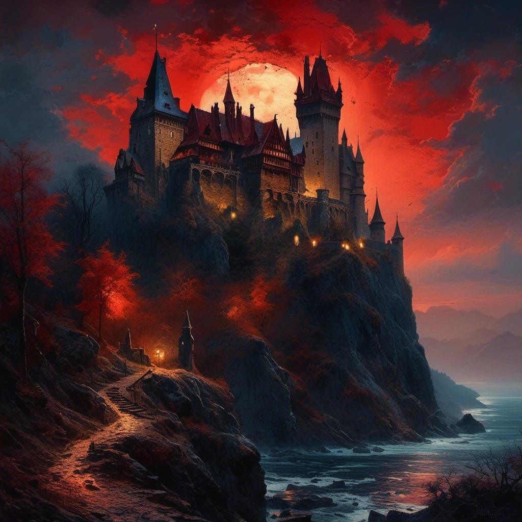 Bran Castle Ruins at Night in Oil Painting Style