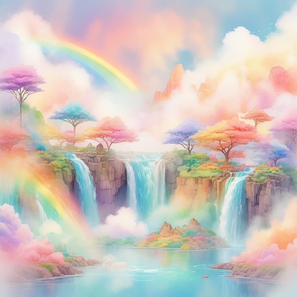 Rainbow Waterfall Fantasy Art in Watercolor Style