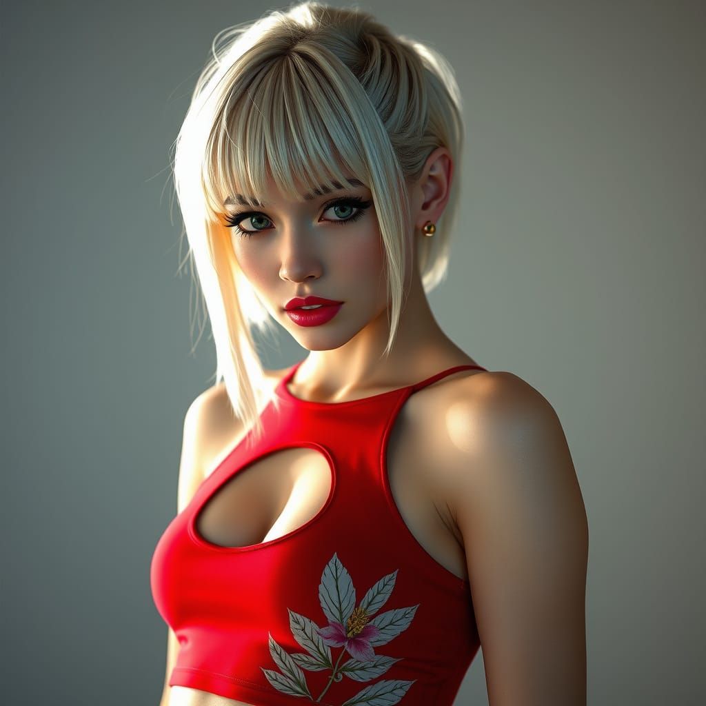 A vibrant fashion photograph showcases a young woman with impeccably styled platinum blonde hair and sharply angled bang...