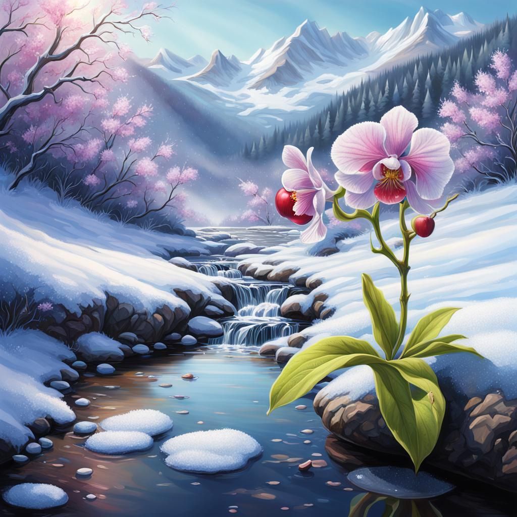 Hyperrealistic Apple Orchard in Snowy Mountains