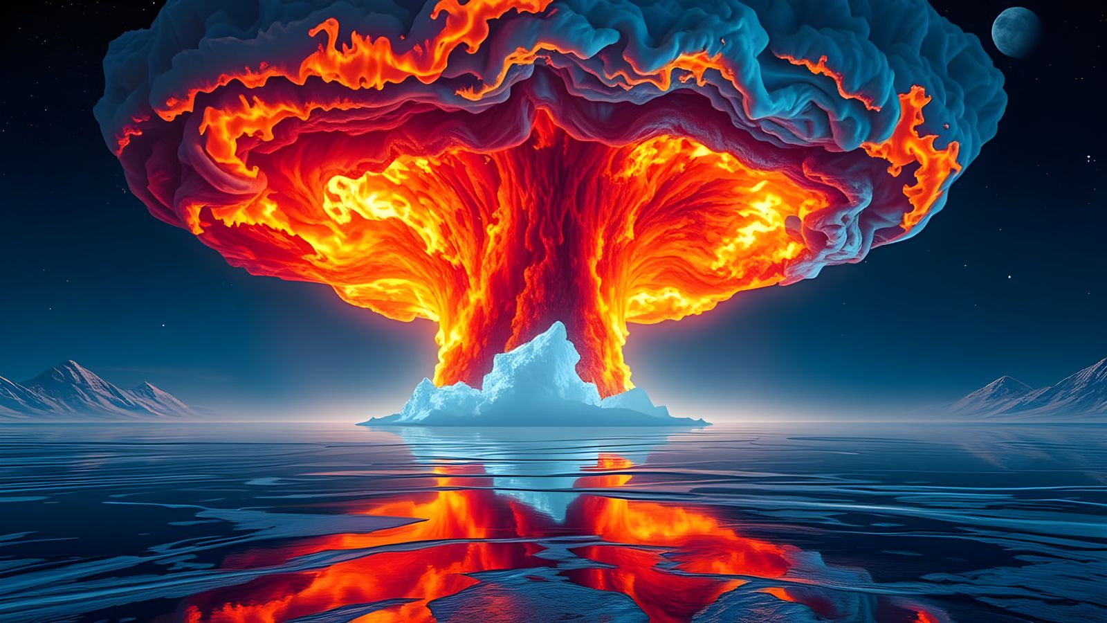 Fire Tornado Reflected in Ice, Oil Painting