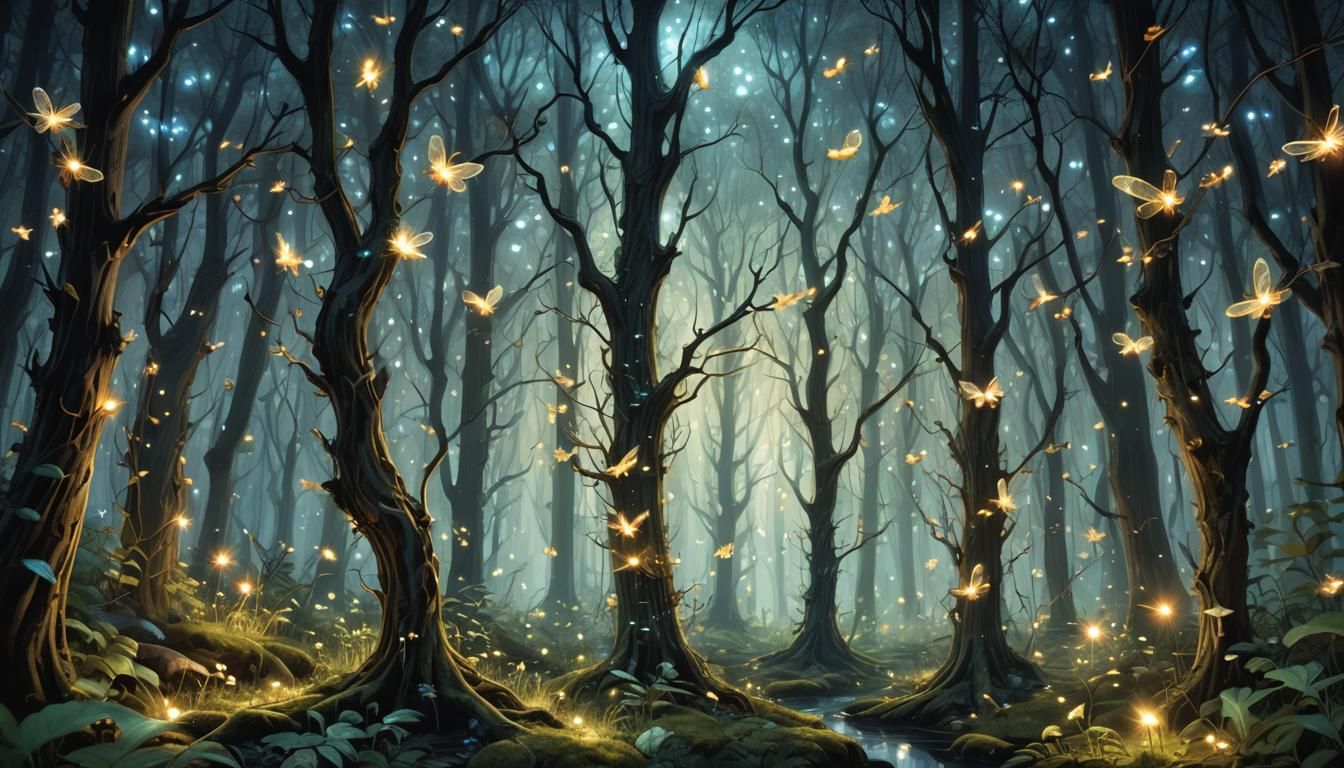 Enchanted Whispering Woods with Fireflies, Digital Art