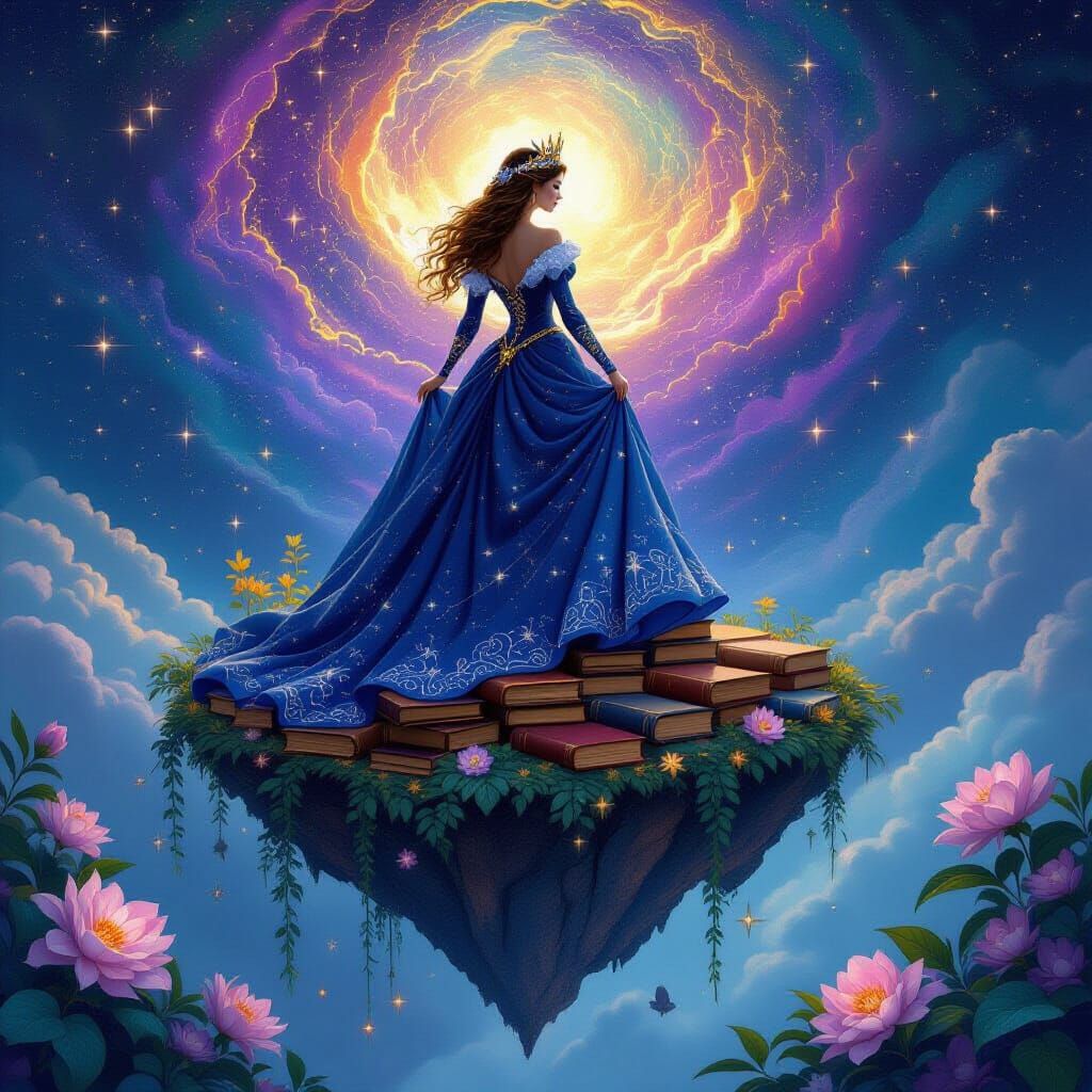 Queen on Book Island Under Nebula Sky