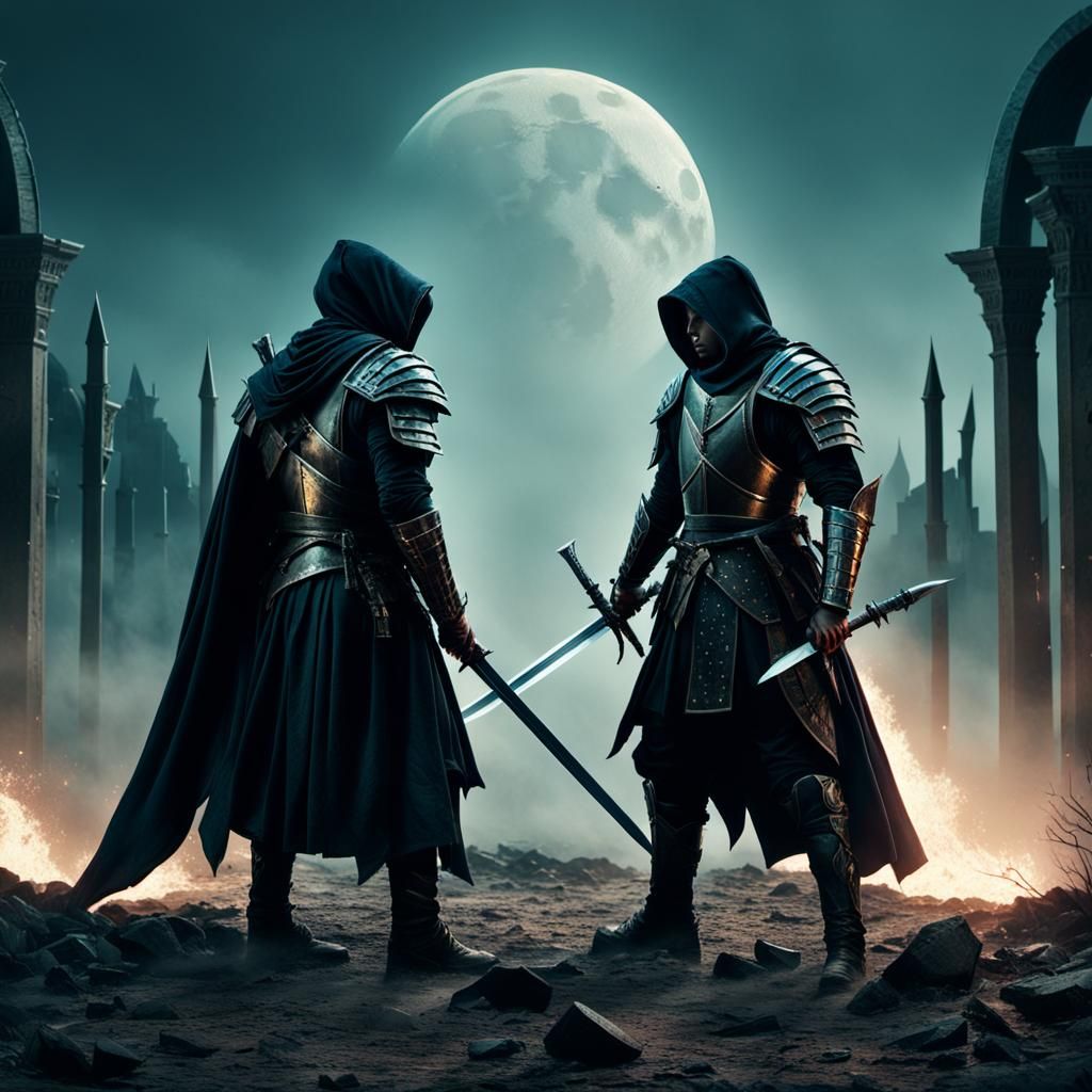 Moonlit Assassin Duel on War-Torn Battlefield
