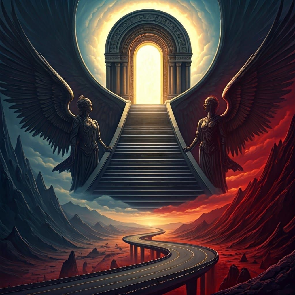 Ethereal Stairway to Heaven and Hell, Guarded by Fearsome An...
