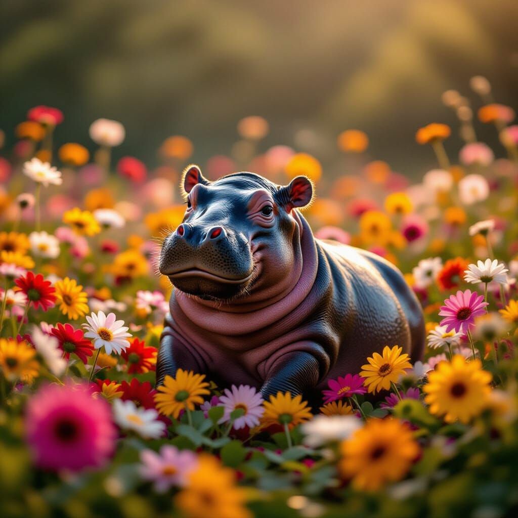 Joyful Hippo Rolls in Psychedelic Flowers - Cinematic Film S...