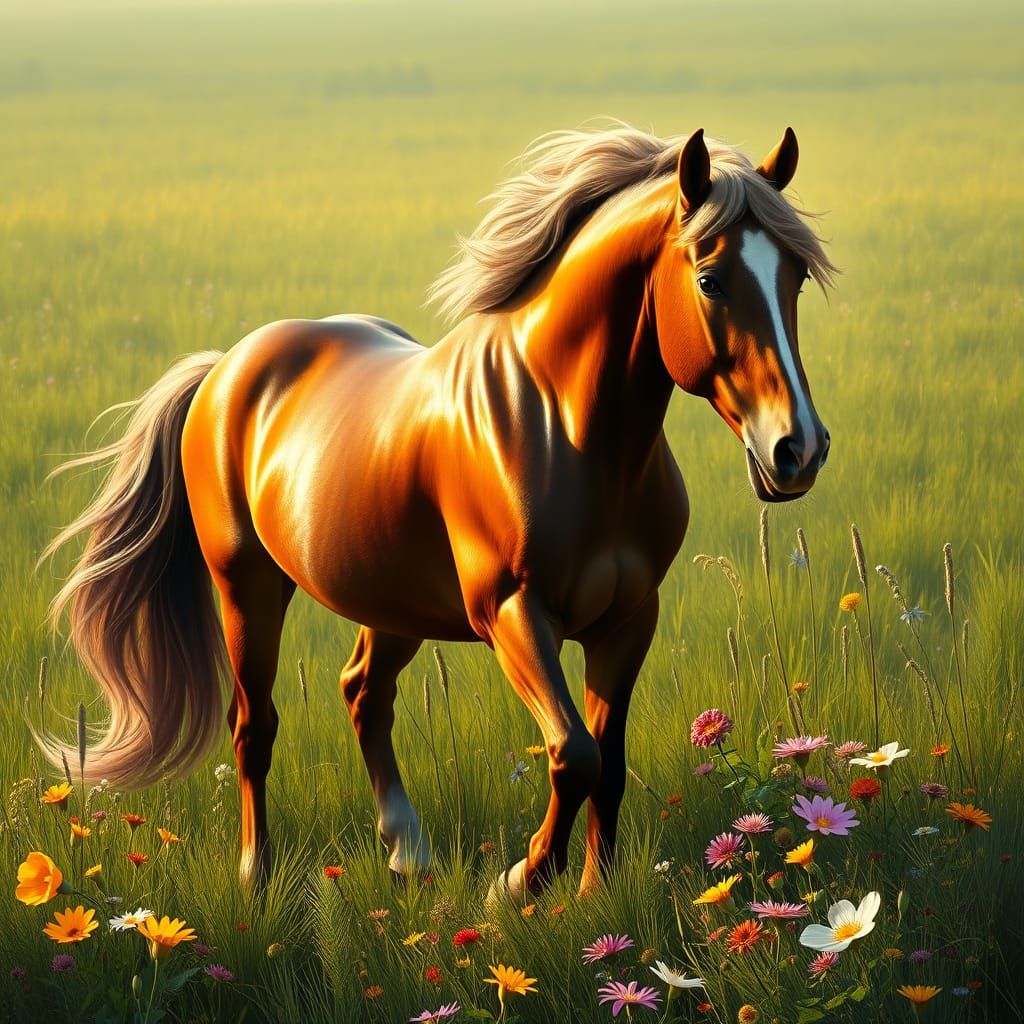 Majestic Horse in a Lush Green Meadow