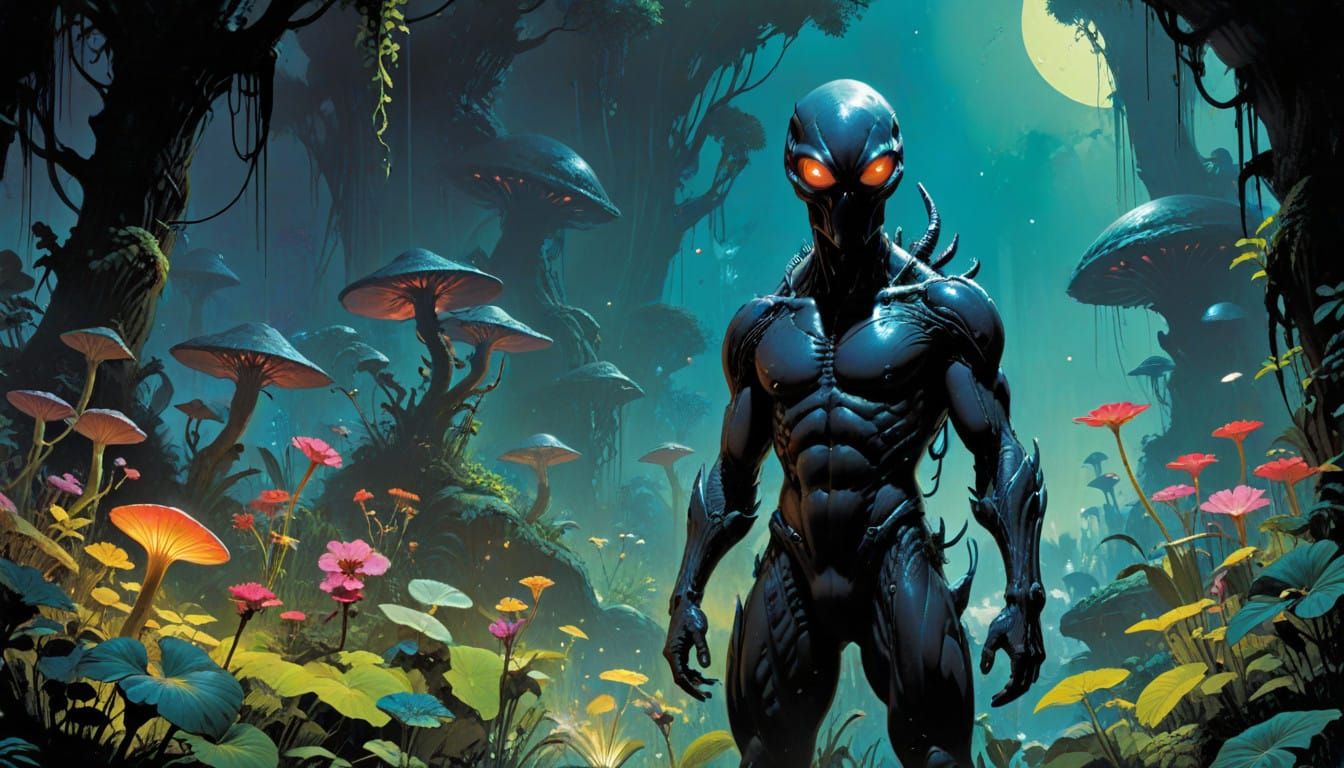 Dark Fantasy Alien Oasis in Vibrant Neo-Noir Style