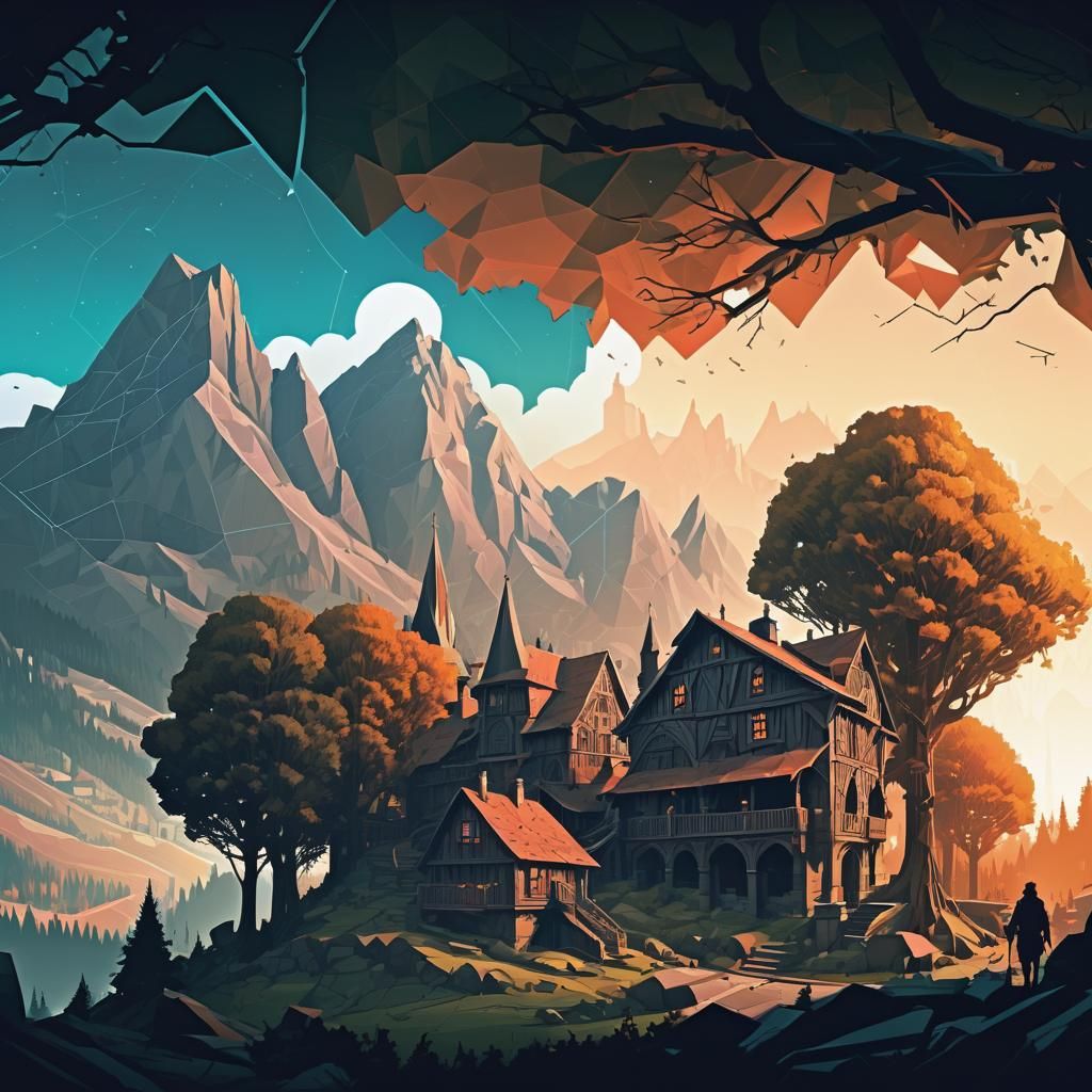European Town Surrounded by Majestic Trees in Vector Art