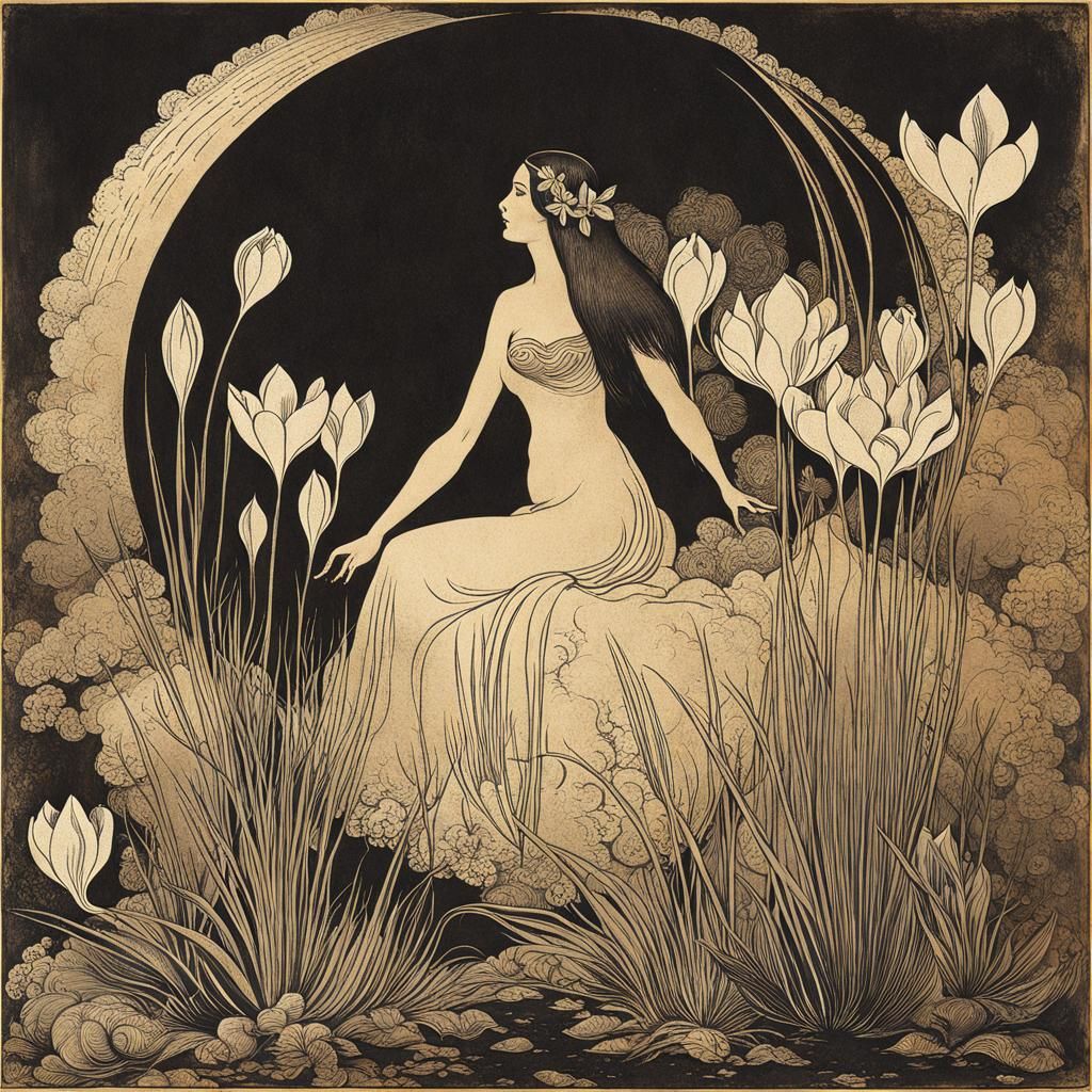 Whimsical Maiden with Crocus Flowers in Grattage Art