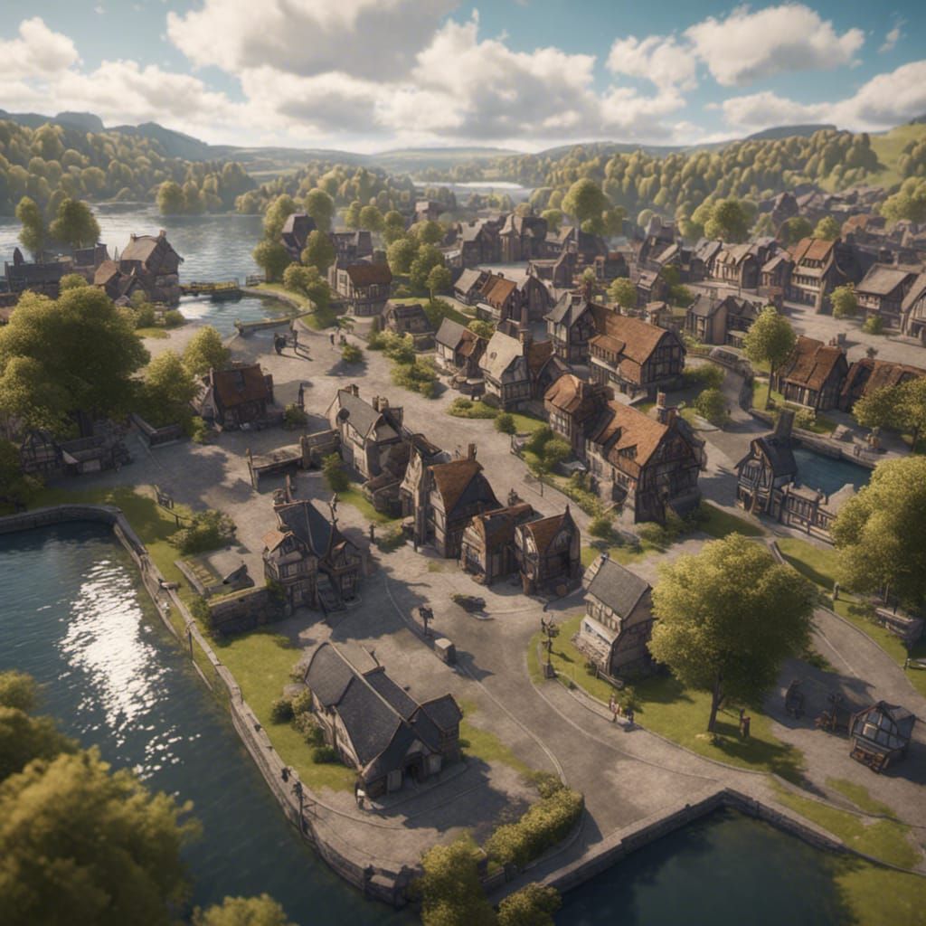 Modern British Town by Lake: 3D Cinematic Render