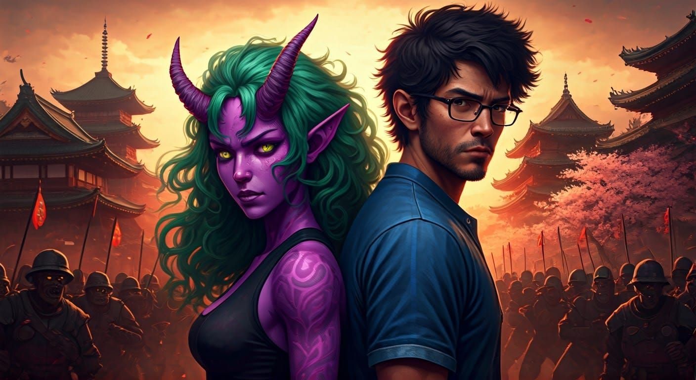 Vibrant Demon Warrior in Epic Japanese Battle Scene