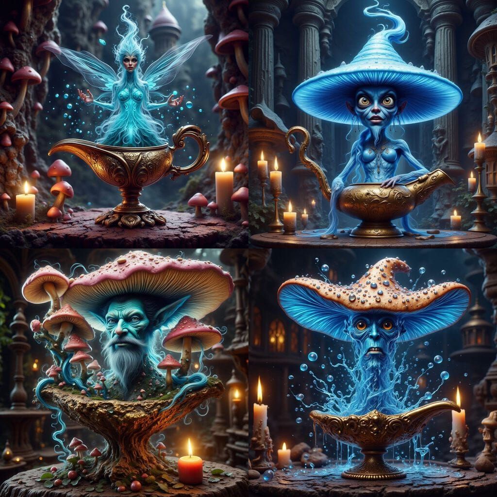 Mushroom Genie Emerges from Lamp in Cyan Light