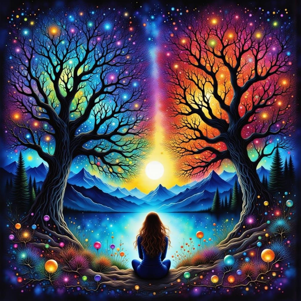 Vivid Stained Glass Forest in Midnight Sky