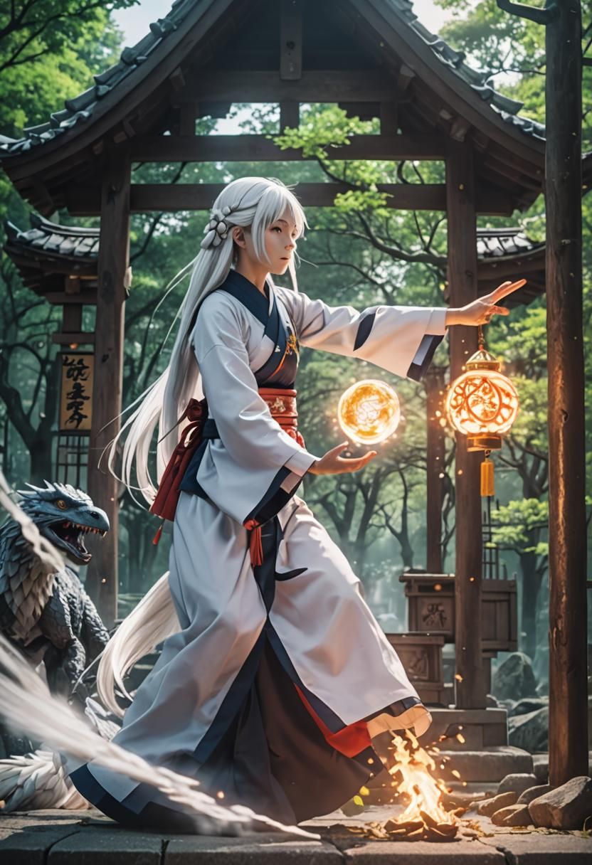 Anime Shrine Maiden Casting Protective Magic