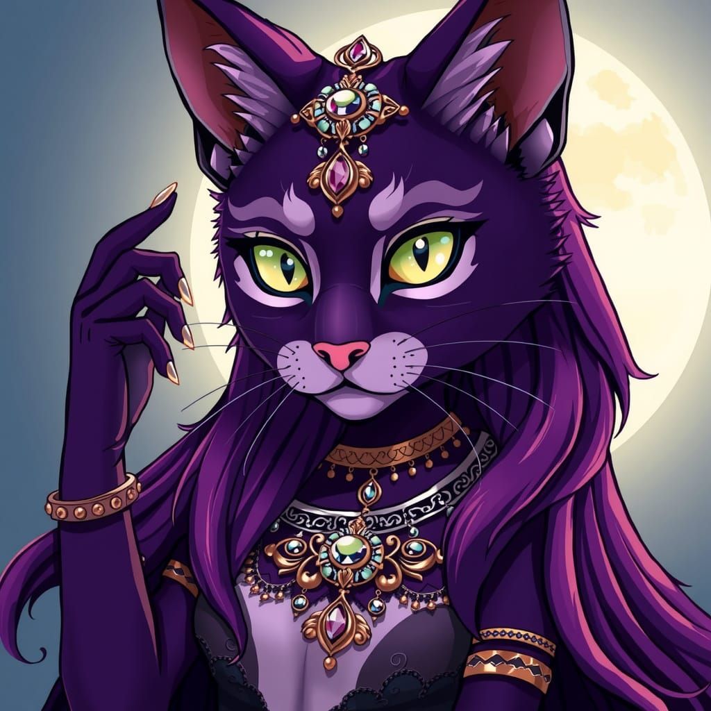 Purple Goddess Feline Queen Reigns Under Dreamy Moonlit Sky