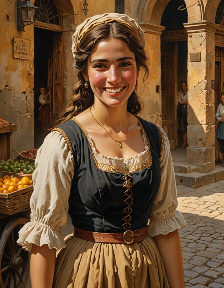 Spanish Maiden in Market, Hyperrealistic Painting