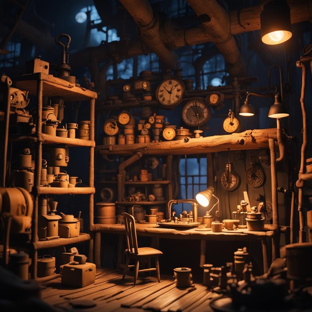 Coraline style little nightmares style studio ghibli style realistic claymation in a cozy industrial factory in the fore...