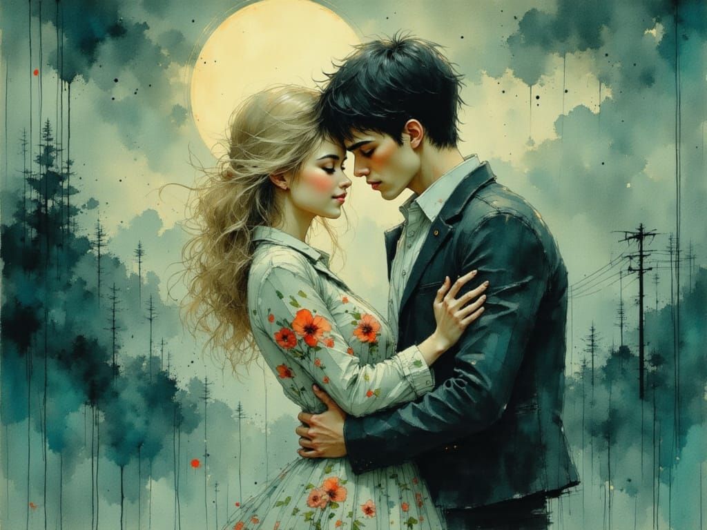 Romantic Embrace in Art Nouveau Style