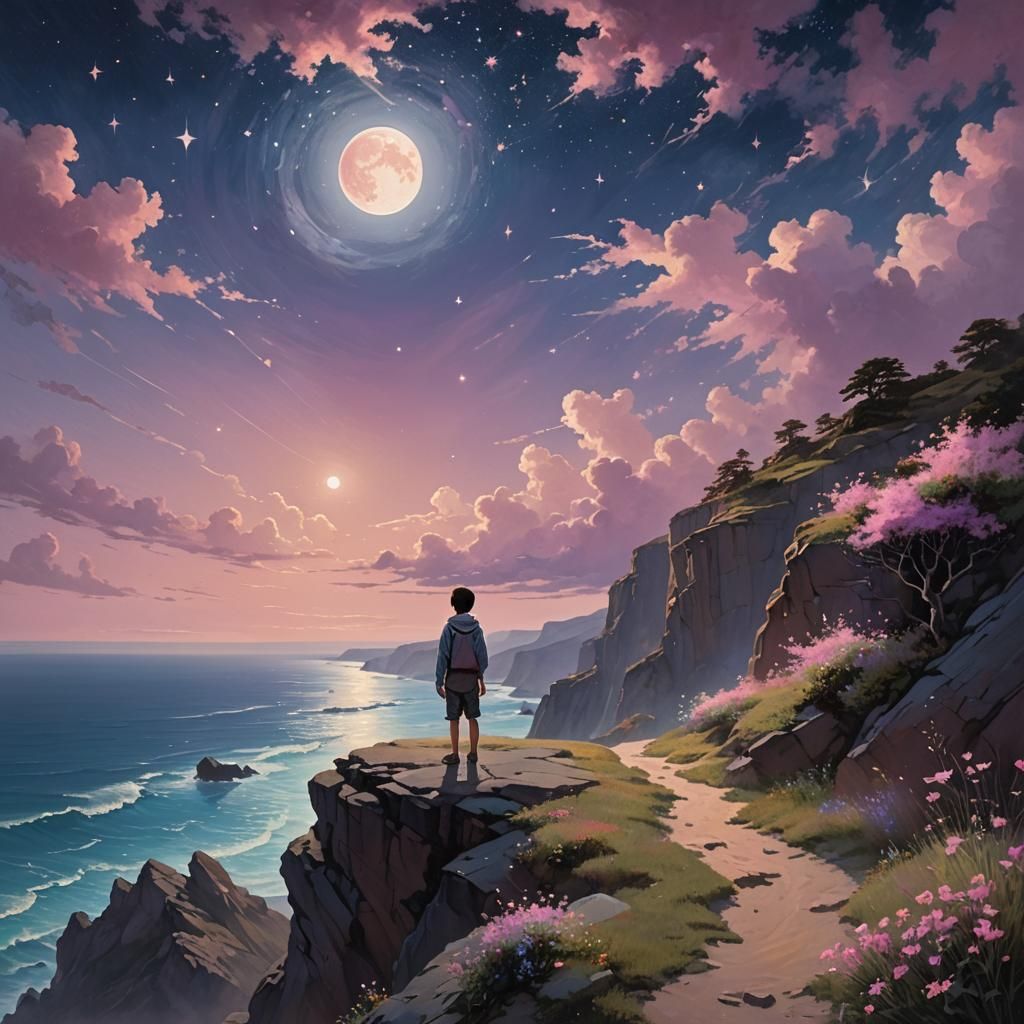 Ethereal Boy and Moonlit Landscape, Dreamy Surrealism