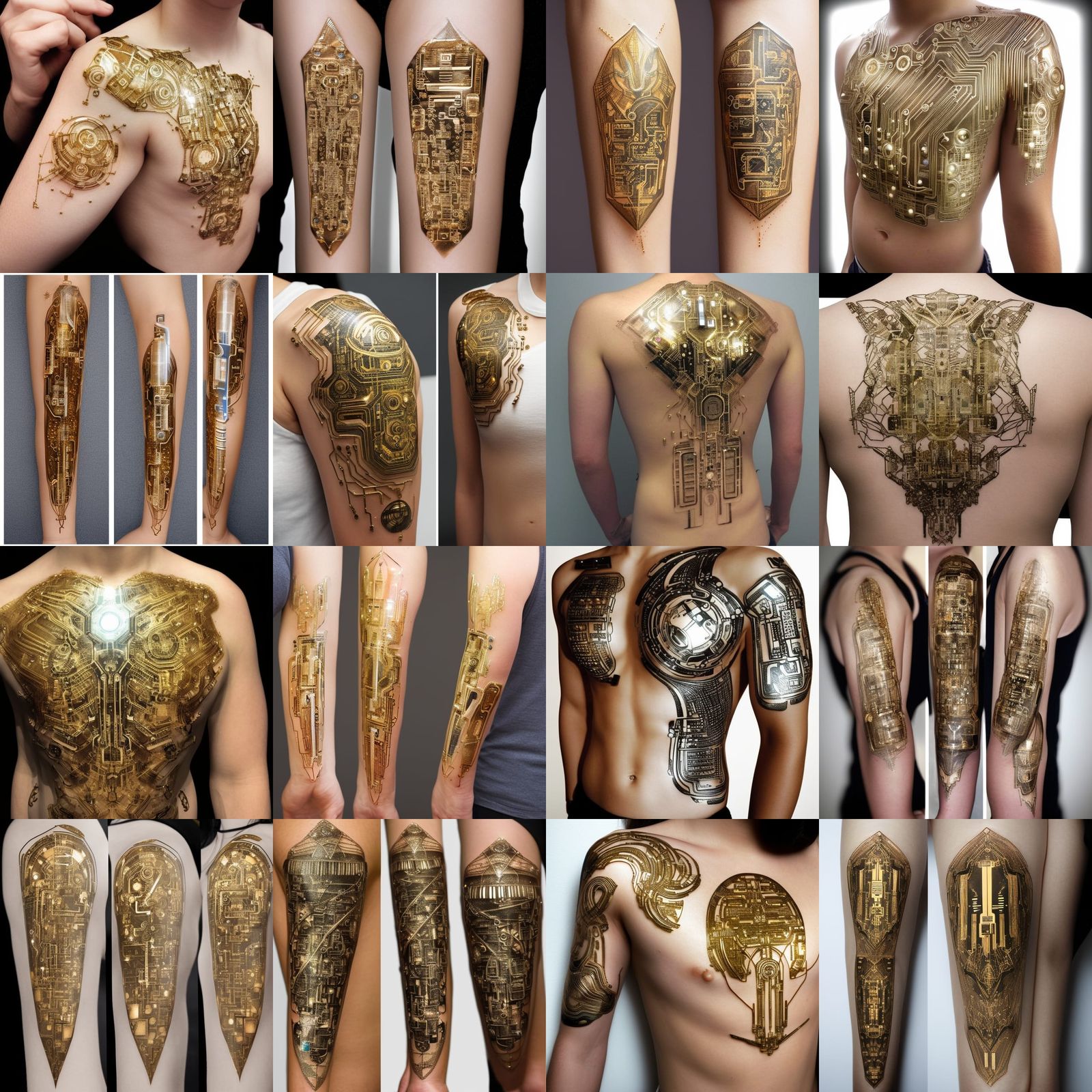 Sci-Fi Gold Circuit Tattoos on White Skin