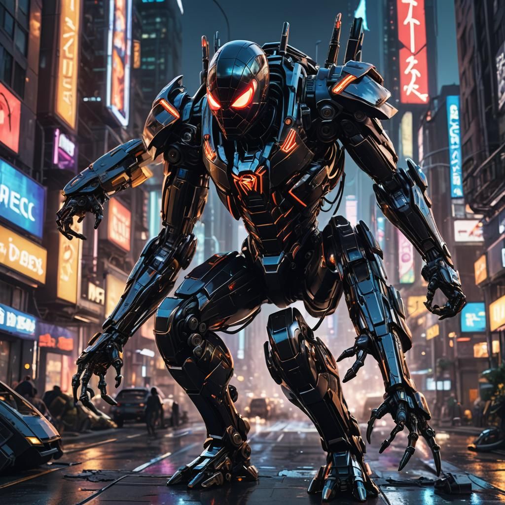 Sci-Fi Black Mech Swings Through Futuristic City