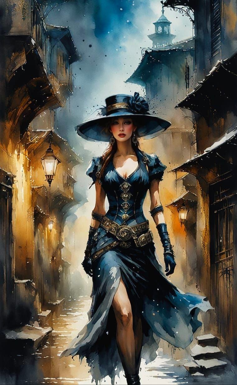 Elegant Woman in Hat Amidst Alleyways in Watercolor Ink Spla...