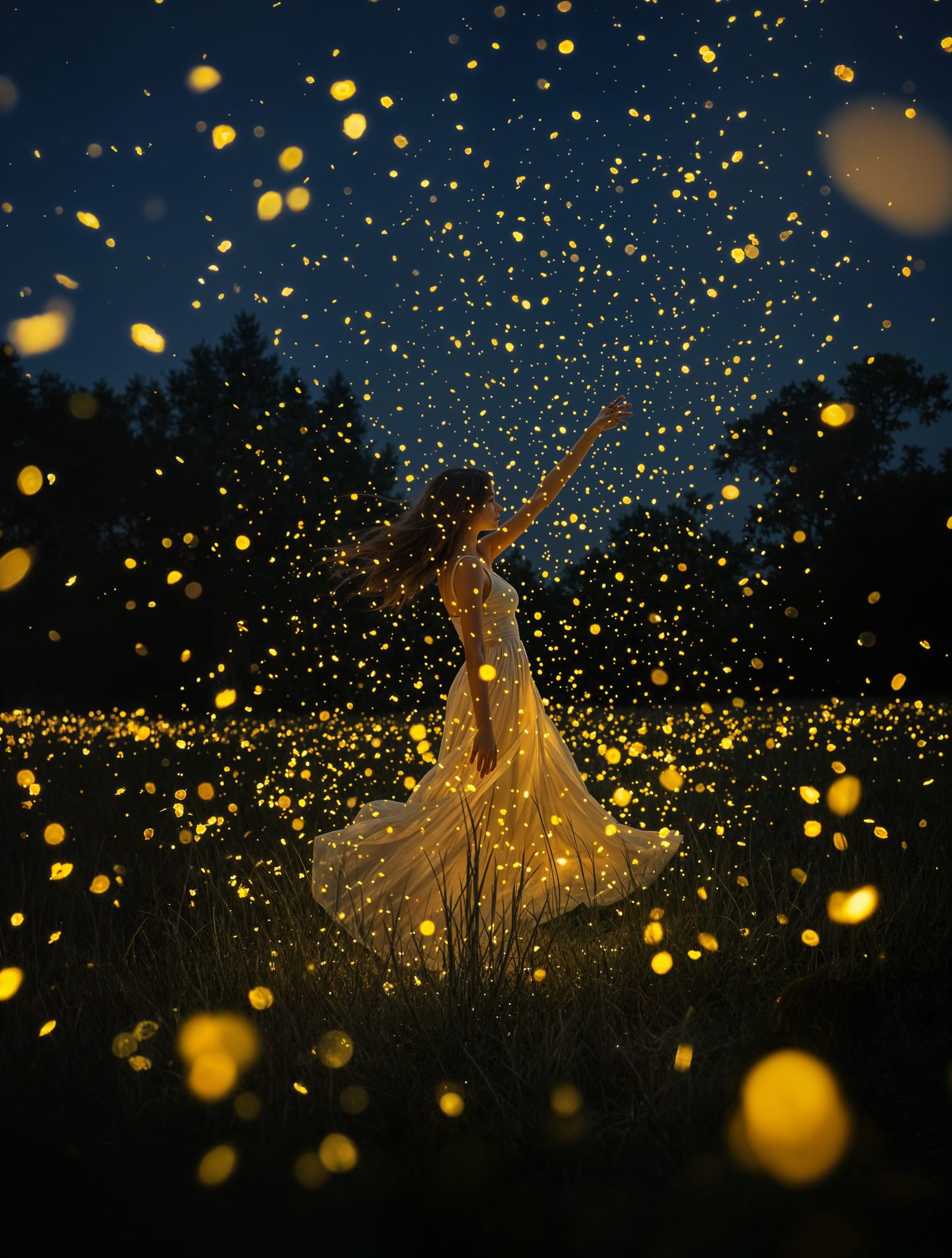 Ethereal Woman Dances Among Glowing Fireflies at Twilight