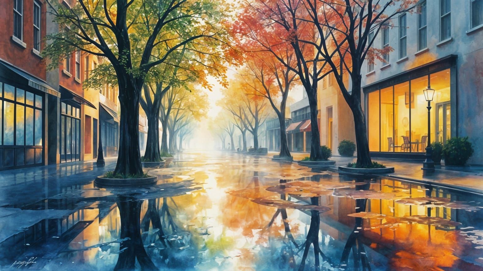 Rainy City Streets Reflecting Vibrant Skies